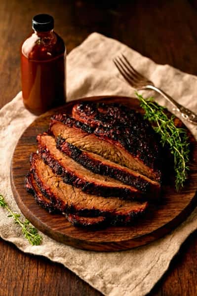 Thickly sliced smoked brisket with a dark crust on a round wooden serving board, accompanied by fresh thyme sprigs, a glass bottle of BBQ sauce, and a silver fork resting on a light linen cloth against a dark background.