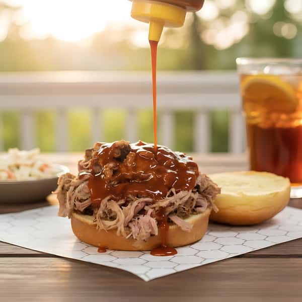 A close-up view of a large pulled pork sandwich resting on hexagon-patterned paper on a wooden table. Rich, dark barbecue sauce is being squeezed from a yellow bottle directly onto the mound of shredded meat. In the softly blurred, sunlit background, there is a side dish of coleslaw and a tall glass of iced tea garnished with a lemon slice.