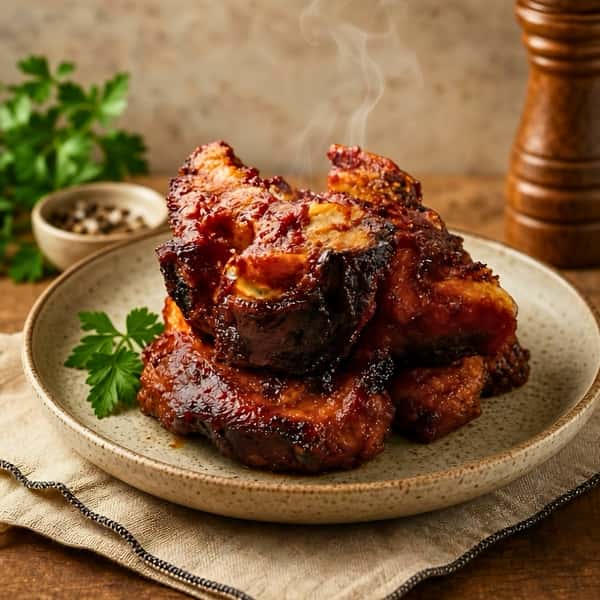 A close-up shot of a towering stack of steaming hot, smoked BBQ rib tips resting on a speckled ceramic plate. The meat is heavily coated in a rich, dark red, and sticky caramelized sauce with deeply charred, flavorful bark on the edges. Wisps of steam rise from the top piece. A sprig of fresh green parsley sits on the side of the plate, which rests on a textured linen napkin. In the softly blurred background, there is a small ceramic bowl of whole black peppercorns, additional fresh parsley, and a tall wooden pepper grinder.
