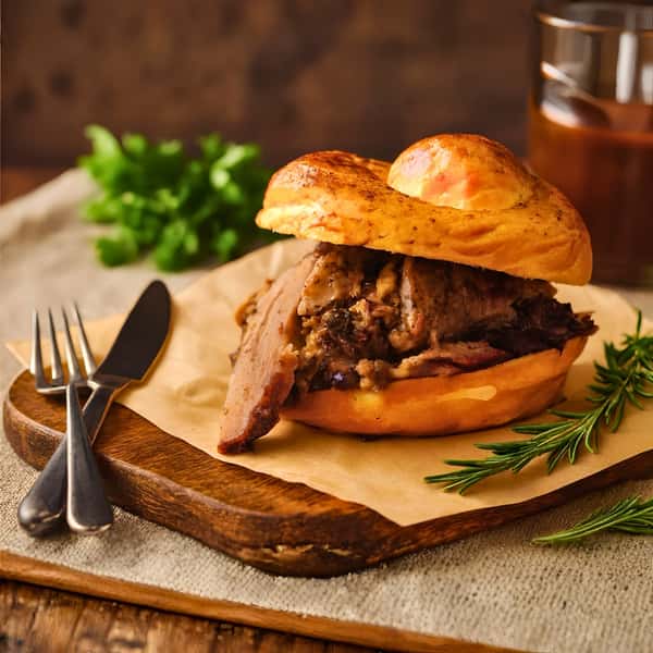 House-smoked brisket sandwich piled high on a toasted bun, served on parchment over a wooden board with herbs in the background.