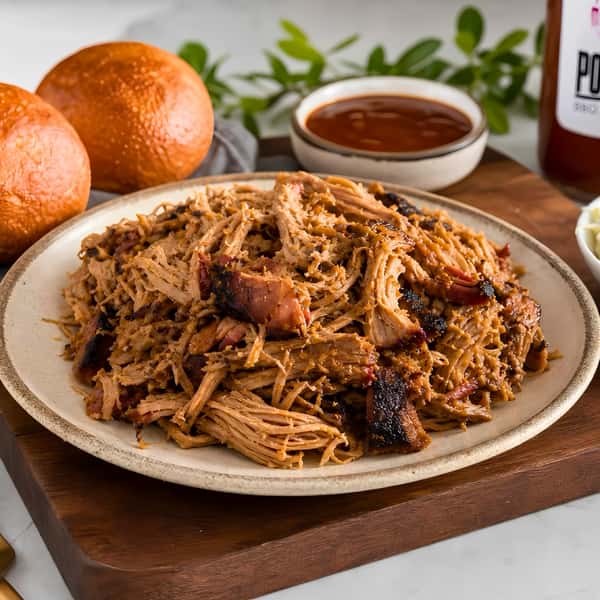 A detailed close-up shot on a rustic wooden board of a generous plate of authentic, shredded house-smoked pulled pork with a rich, smoky bark. In the background are two soft brioche buns, a bowl of reddish-brown BBQ sauce with a spoon, and a bottle of Porky's BBQ sauce.