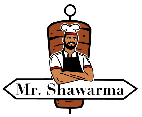 Logo for "Mr. Shawarma" featuring a smiling chef in uniform with arms crossed in front of a vertical shawarma spit.
