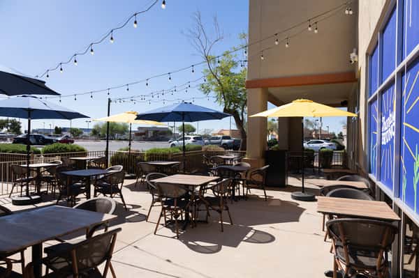 A wide-angle shot of the restaurant's outdoor seating area.