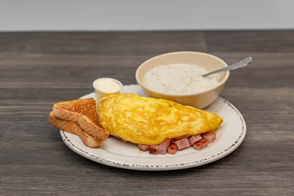 Fluffy Ham & Cheese Omlet, grits & Toast