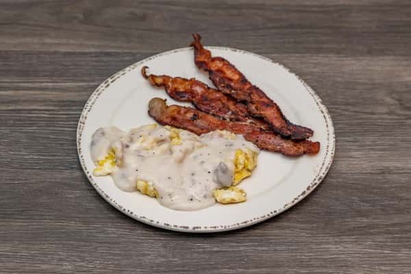 Scrambled Eggs with Gravy & Bacon