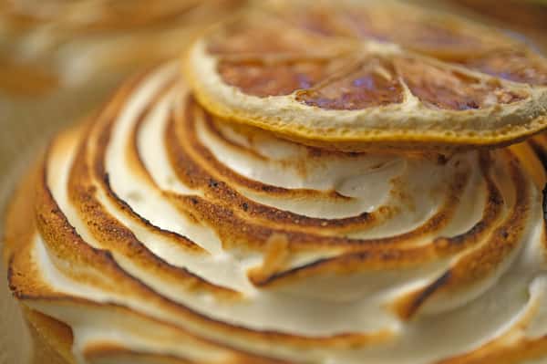 Toasted lemon meringue tart with golden swirls of fluffy meringue, topped with a thinly sliced dehydrated lemon wheel.