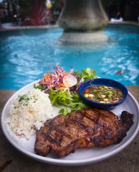 Grilled ribeye steak with jasmine rice, fresh garden salad, and spicy scallion dipping sauce, served by a serene fountain.