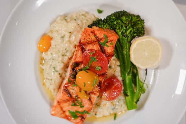 Salmon with rice and broccolini