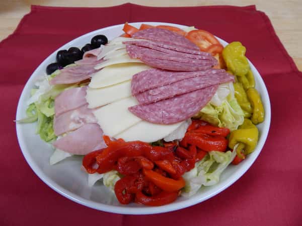 antipasto salad with, Salami, Capacola, Provolone Cheese, tomatoes, black olives, and pepperoncini's.