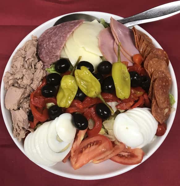 antipasto salad with, Salami, Capacola, Provolone Cheese, tomatoes, black olives, and pepperoncini's.