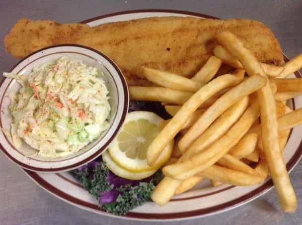 Fried haddock served with fries and cole slaw