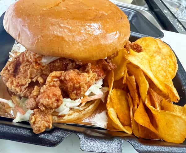 Fried Chori-Chicken Sammy with Seasoned Potato Chips