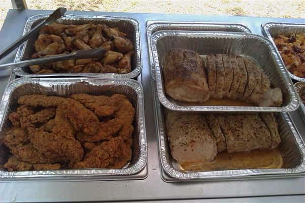 Fried chicken tenders, drumsticks, along with other meats