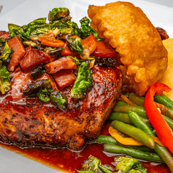 Pork Chop, Bourbon Maple Demi, Onion Ring