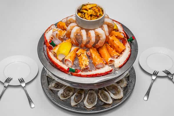 Russell's Grand Seafood Tower - 4oz Chilled Lobster Tail, King Crab Legs, Oysters, Jumbo Gulf Shrimp
