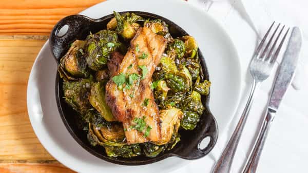 Cast Iron Roasted Brussels Sprouts & Kurobuta Pork Belly