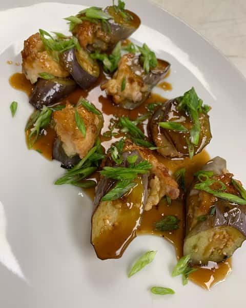 These classic eggplant stuffed with shrimp dim sum may find their way on our menu at Brick Walk Tavern