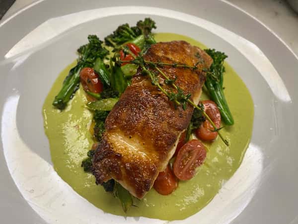 Grouper, charred broccolini, bacon, tomato, soubise