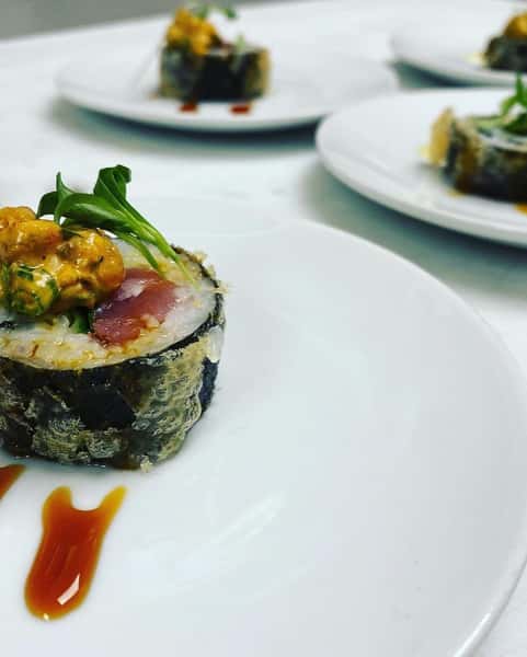 Tempura tuna roll with spicy tuna,
Soy and wasabi coming at you