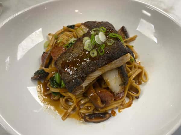 Miso glazed black cod with noodles,
Chinese sausage and shiitake, mushroom ginger sauce