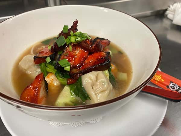 Bwt wonton noodle soup with char Siu pork; jumbo shrimp, house made pork wontons, bok Choy and a traditional broth