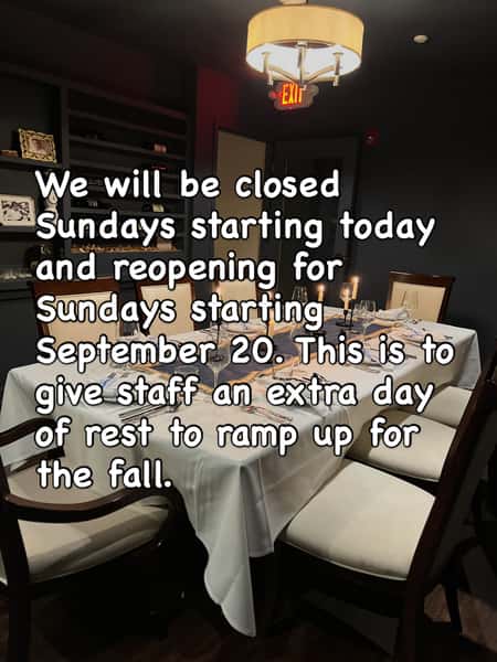 We will be closed Sundays starting today and reopening for Sundays starting September 20. This is to give staff an extra day of rest to ramp up for the fall.