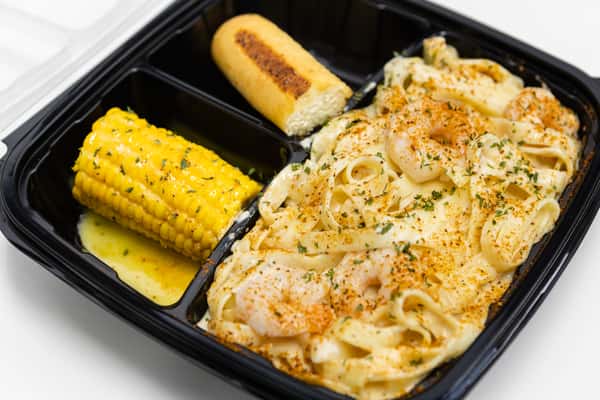 Shrimp pasta and corn