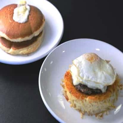 Southern-style eggs Benedict with sausage patty on a crispy hash brown base topped with a poached egg.