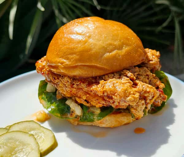 Crispy fried chicken sandwich on a glossy brioche bun, layered with fresh greens and pickles, served on a white plate with a side of sliced pickles — a mouthwatering Southern-style comfort food classic.