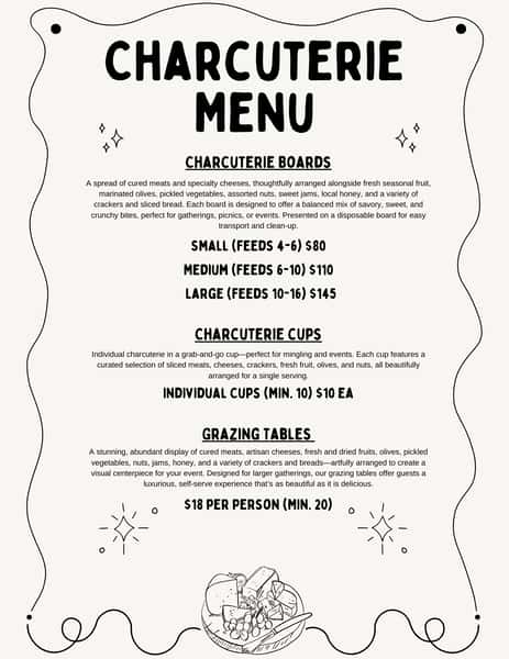Menu of various charcuterie offerings