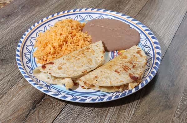 #8 Two Quesadillas, Rice and Beans