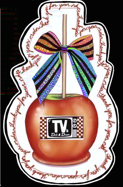 a caramel apple with tv stamped on it
