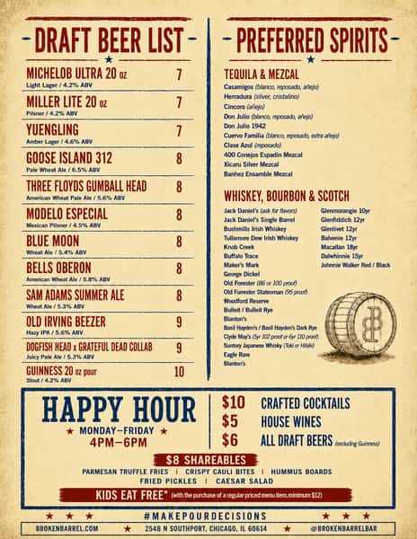 Happy Hour Specials, Draft Beer List, Featured Spirits