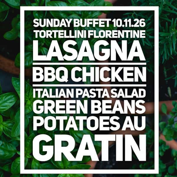 The buffet runs from 12:00-2:30 and comes with tossed salad and garlic rolls. Items are subject to change due to availability. Buffet does not include beverage, cannot be taken to go, and cannot be split between guests.
**We take reservations for all party sizes. Parties of 10 or more that would like to enjoy the buffet, please call ahead or make reservations to ensure we have enough of the delicious buffet prepared**