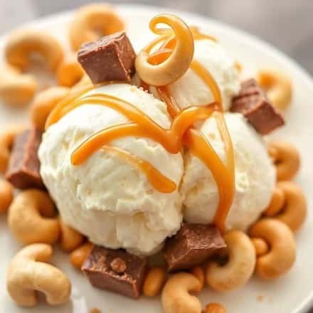 Vanilla ice-cream with cashews and syrup