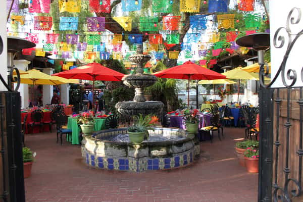 The Courtyard Lush with greenery and brilliant flowers, the Courtyard is canopied by a grand old California pepper tree estimated to be over 200 years old. Our beautiful splashing fountains are made of Mexican cantera stone and colorful talavera tiles, one of Mexico's most important traditional art forms.