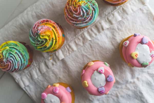 rainbow and valentine's day cupcakes