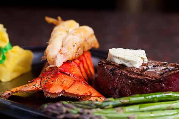 lobster tail, steak, and asparagus