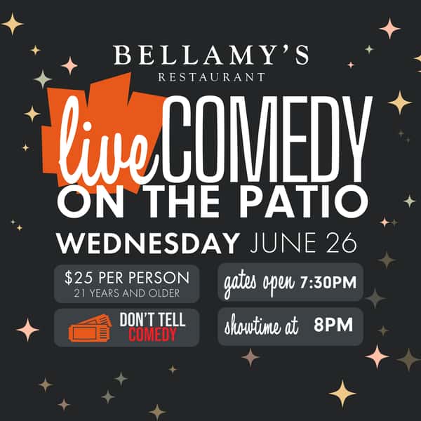 Comedy night announcement with stars and geometric shapes