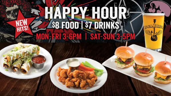Daily Happy Hour at Rock & Brews - featuring popcorn shrimp, cheeseburger sliders, and carnitas taquitos
