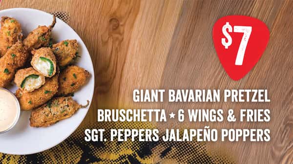 Giant Authentic Bavarian Pretzel | Sgt. Peppers Jalapeño Poppers | 6 Wings & Fries | Bruschetta