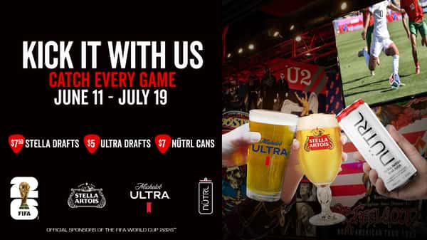 Promotional graphic for Rock & Brews featuring a FIFA World Cup viewing event. Text reads “Kick It With Us – Catch Every Game June 11–July 19.” Drink specials include $7.50 Stella Artois drafts, $5 Michelob Ultra drafts, and $7 NÜTRL cans. On the right, hands hold beers and a NÜTRL can in front of a large TV showing a soccer match inside a rock-themed bar with music posters and stage lighting. Logos for FIFA World Cup 2026, Stella Artois, Michelob Ultra, and NÜTRL appear at the bottom.