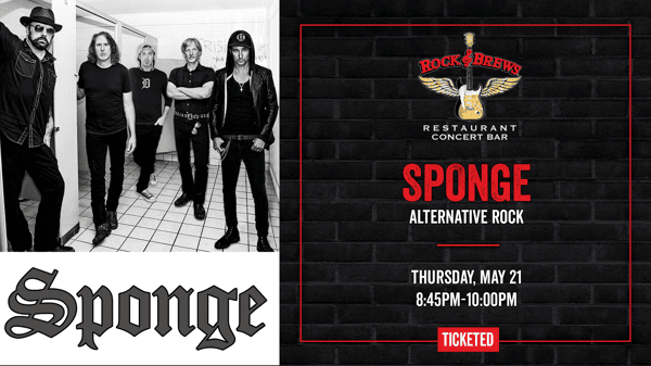 A black and white promotional photo featuring Sponge, an alternative rock band, posed together at Rock & Brews. The band stands confidently in a classic group arrangement, capturing a timeless and edgy rock aesthetic.