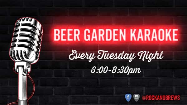 Black brick with old school microphone. Neon red text that reads Beer Garden Karaoke. While text that reads every Tuesday 6-8:30pm