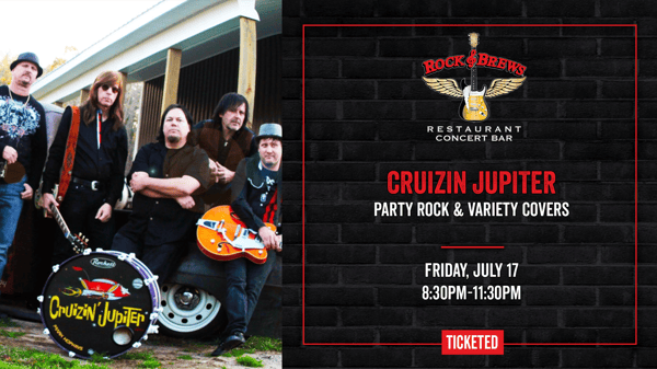 Rock & Brews Royal Oak presents Cruizin Jupiter during their July 17 performance from 8:30–11:30 PM. The image shows the band posing together with their instruments, capturing a relaxed, ready-to-play moment before the show.