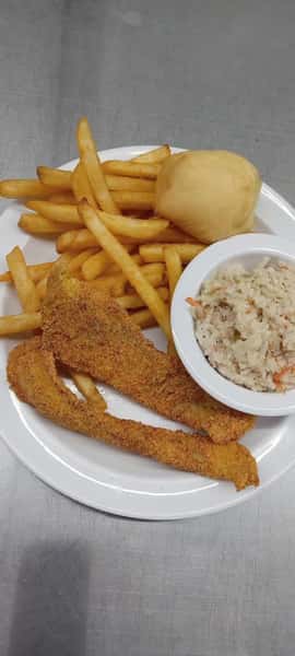 Fried catfish with fries, coleslaw and a dinner roll