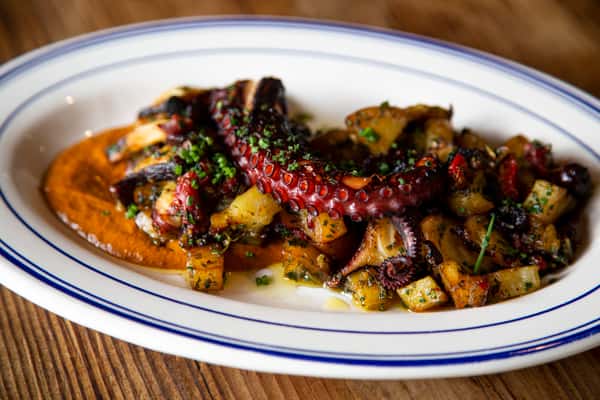 Grilled Octopus, pistachio romesco, red pepper, kalamata, crispy potatoes, herb sauce