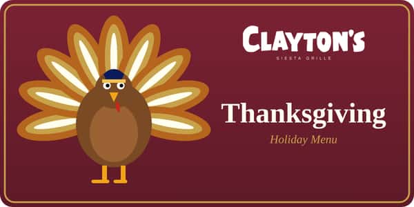 Thanksgiving holiday menu button with a turkey and the Clayton's logo