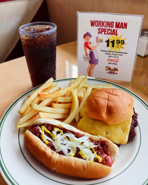 The Working Man Special.

A burger, a coney, fries on the side, and a cold drink to wash it down.

$11.99 — and worth every bite.