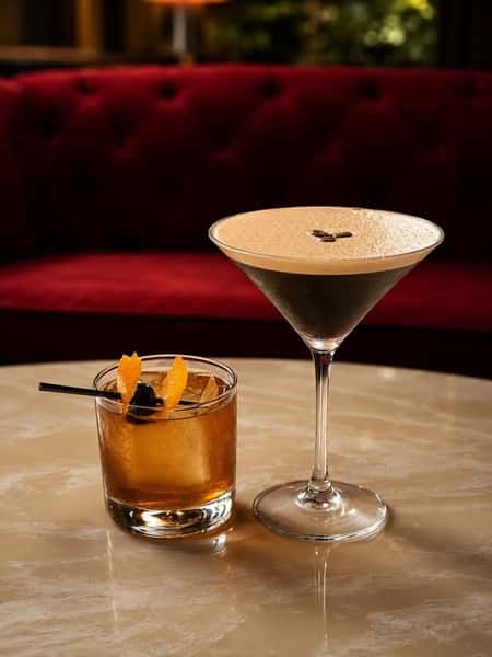 An espresso martini and an old fashioned cocktail on a table